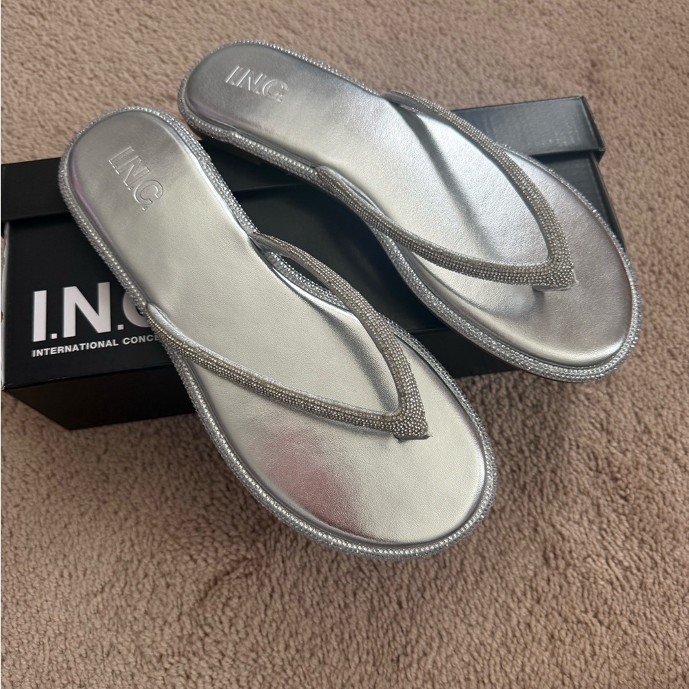 INC International Concepts Women's Silver Bling Flip Flops